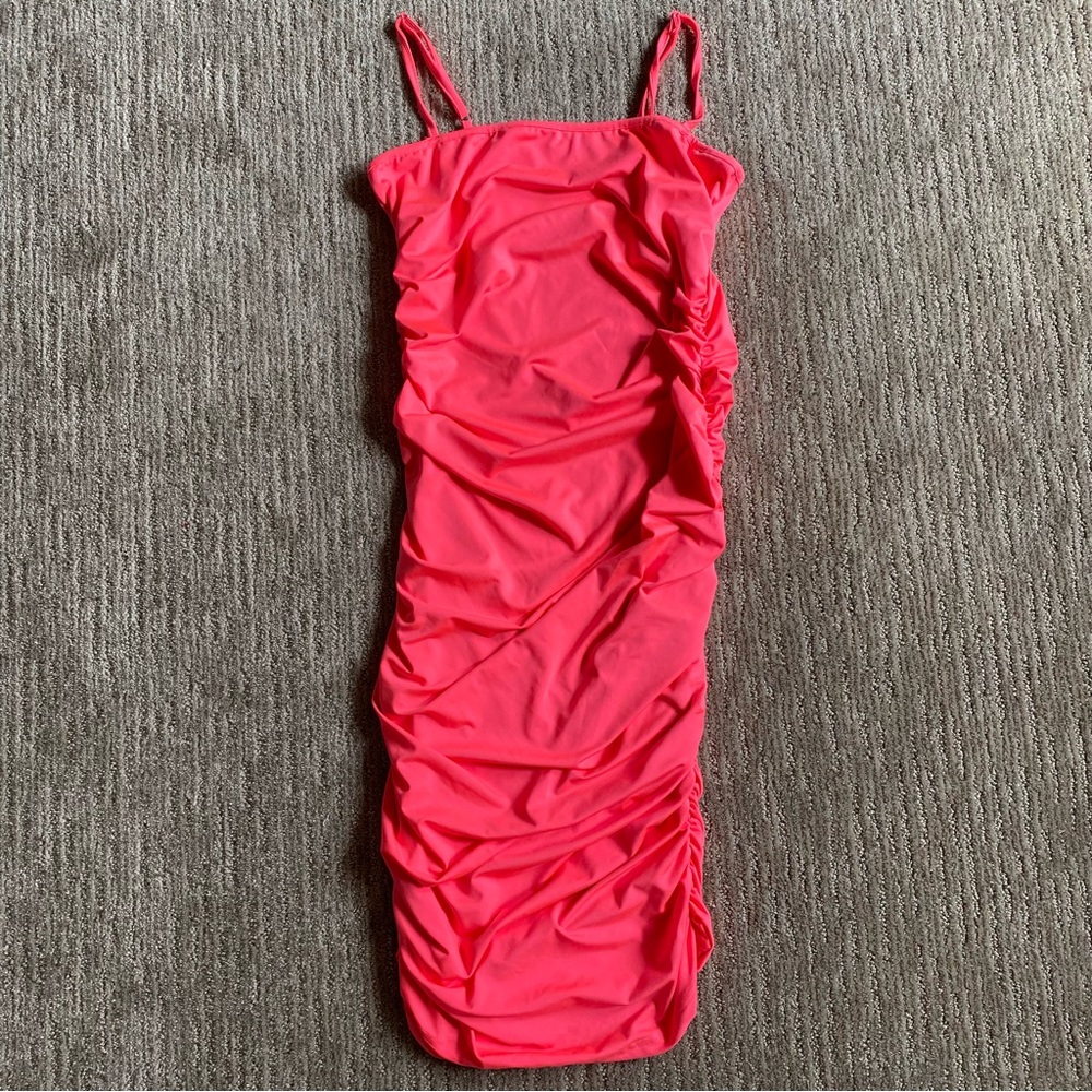 Ruched Spaghetti Strap Bodycon Dress - Neon Pink